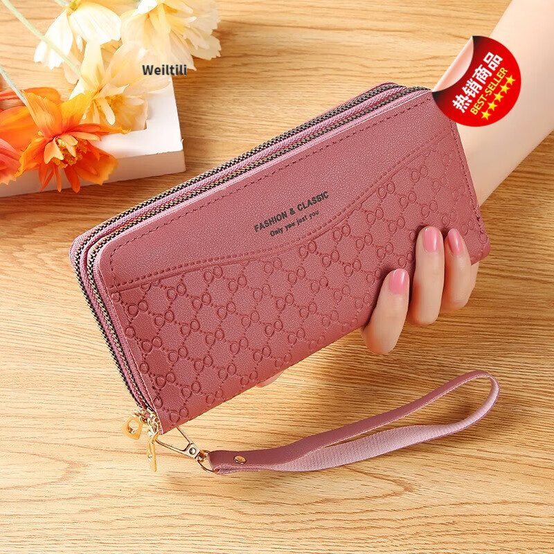 Weiltili 2024 New Women's Wallet Long Large Capacity Double Zipper Hand Wallet Women's Double Layer Clutch Bag Wallet Bag Dark Pink