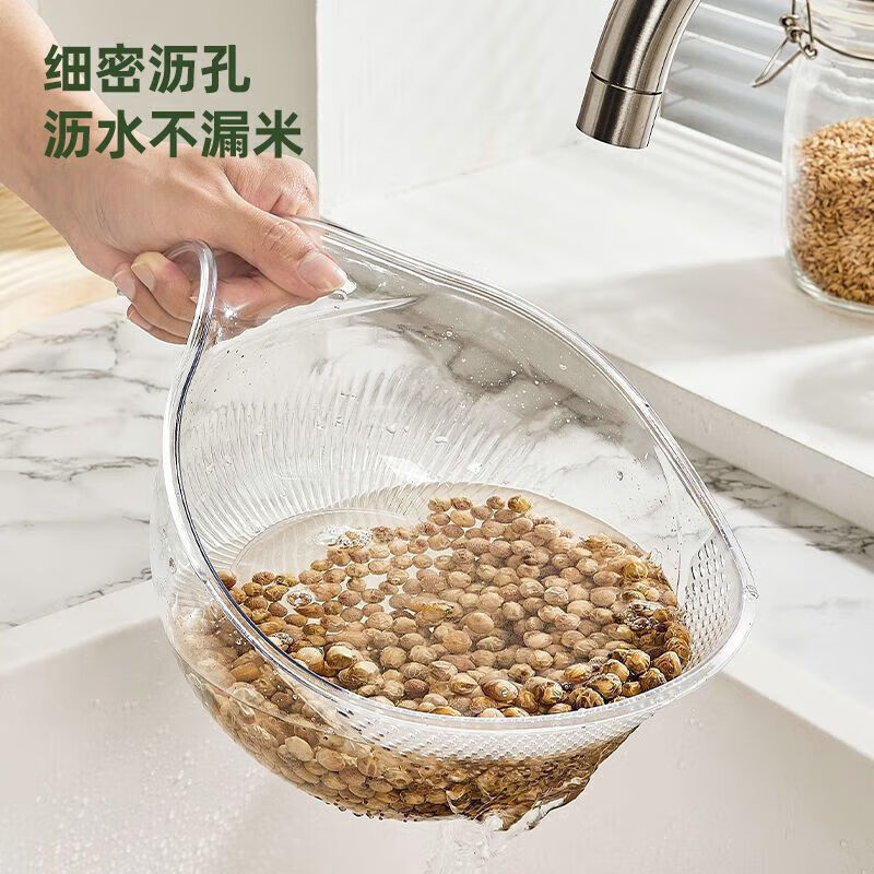 Rice basket, kitchen multi-functional dishwashing basin, rice washing household handle, fruit drain basket, fine holes, thickened vegetable draining, transparent color, large + small size