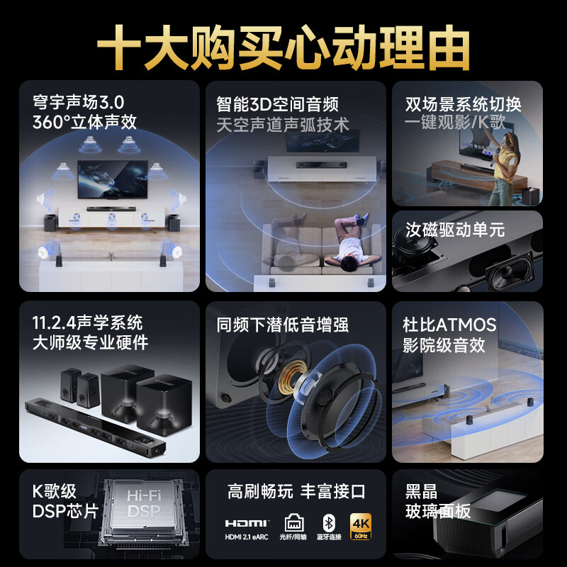 SANSUI DV-99E Echo Wall TV Speaker 11.2.4 Dolby Atmos Dome Sound Field Home KTV Set Wiring-Free Home Theater HDMI2.1 Wireless with Microphone