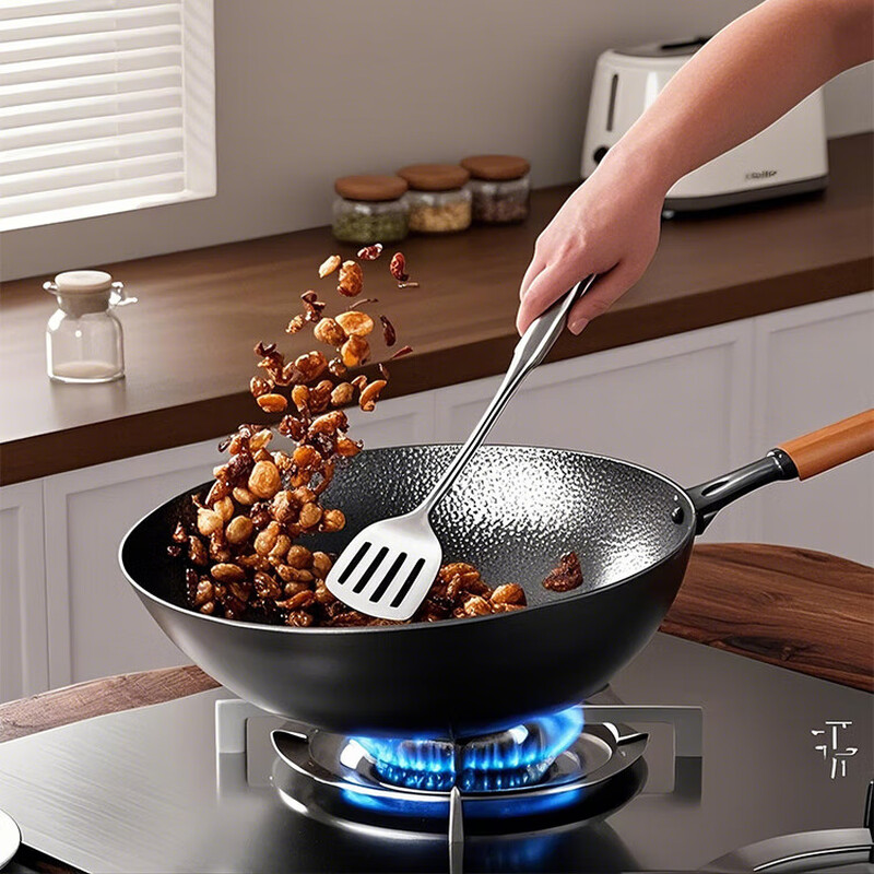 Iron pot wok old-fashioned Zhangqiu wok has been opened uncoated household non-stick pot induction cooker gas stove special round bottom double-sided hammer pattern with lid 32cm