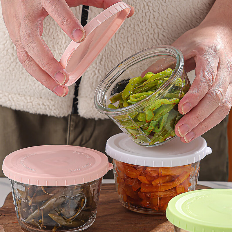 Meikejie pickle sealed jar glass preservation box high-looking storage box refrigerator preservation jar side vegetable kimchi jar packaging box multi-functional glass packaging jar + green sealing lid 350ML 1 piece
