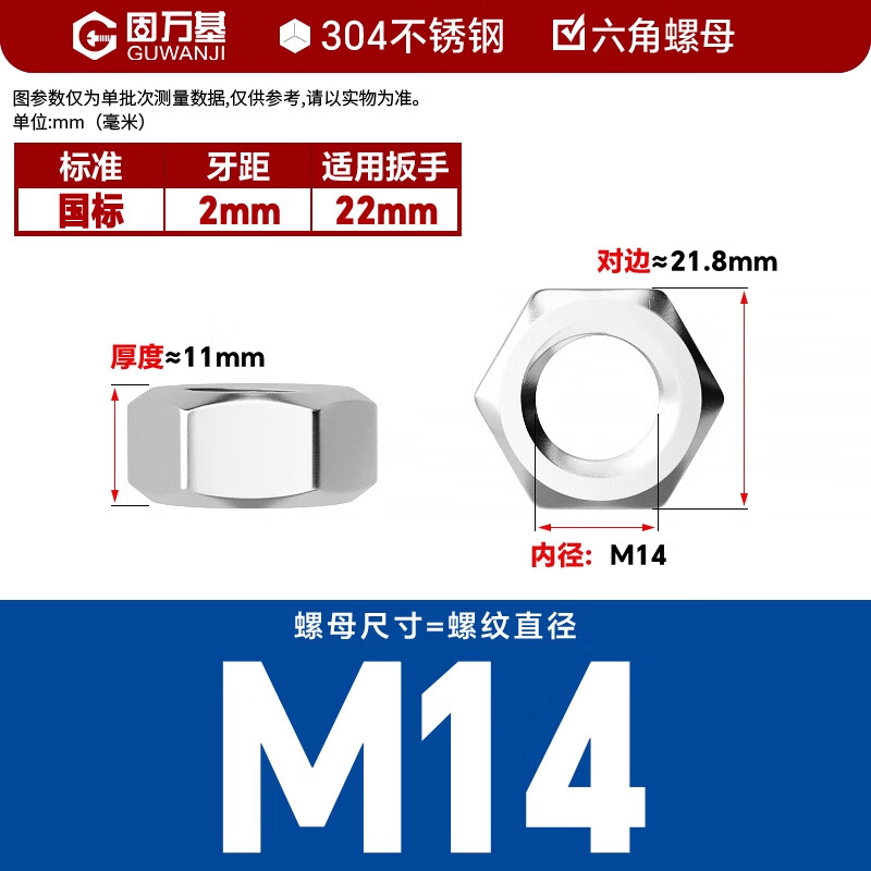GUWANJI hexagonal nut stainless steel nut hexagonal nut screw nut 304 hexagonal nut M14 20 pieces/pack