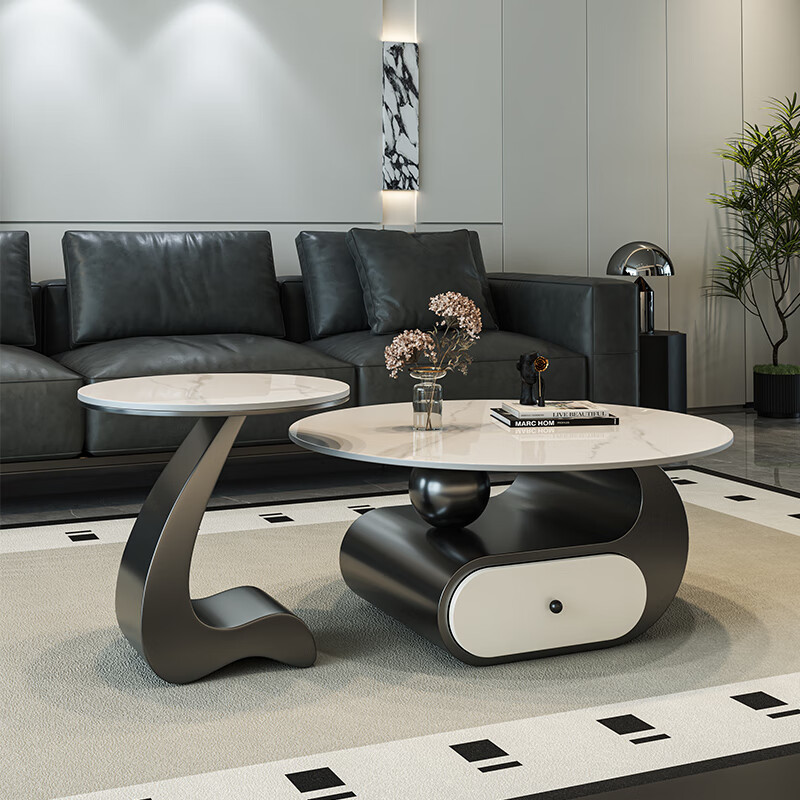 Seaworthy slate coffee table living room light luxury high-end 2025 new tea table tea table modern simple small apartment coffee table combination combination black frame white cabinet bright white slate 80+50