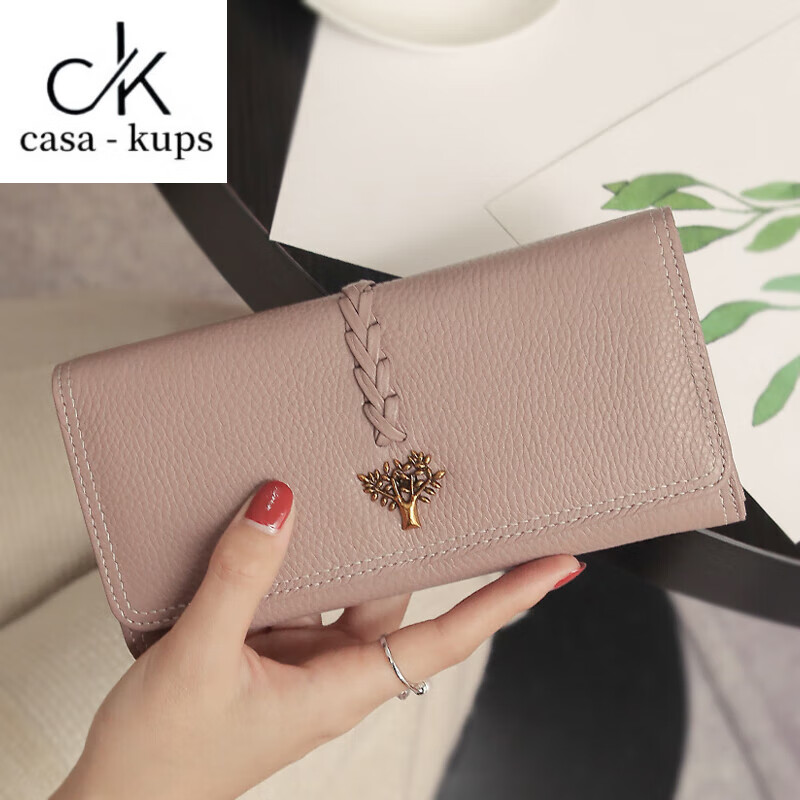 Casa-kupsCK Korean style trendy genuine leather two-fold women's wallet folding first layer cowhide wallet long wallet 2025 new style black