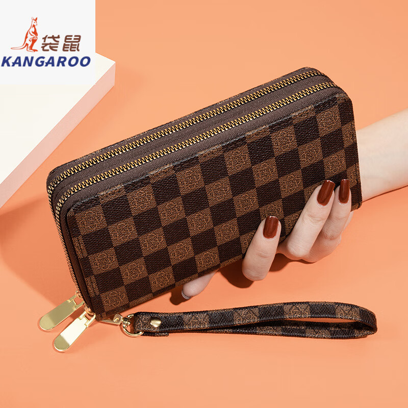 Kangaroo long wallet for women New Year's new pattern large capacity temperament double zipper clutch bag can hold mobile phone wallet dark brown color