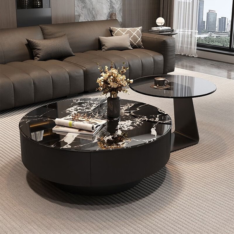 Hua Beisen coffee table black glass Italian minimalist slate living room home light luxury high-end simple round combination Baoge black glass surface + gray glass 80+50 cabinet shipped as a whole