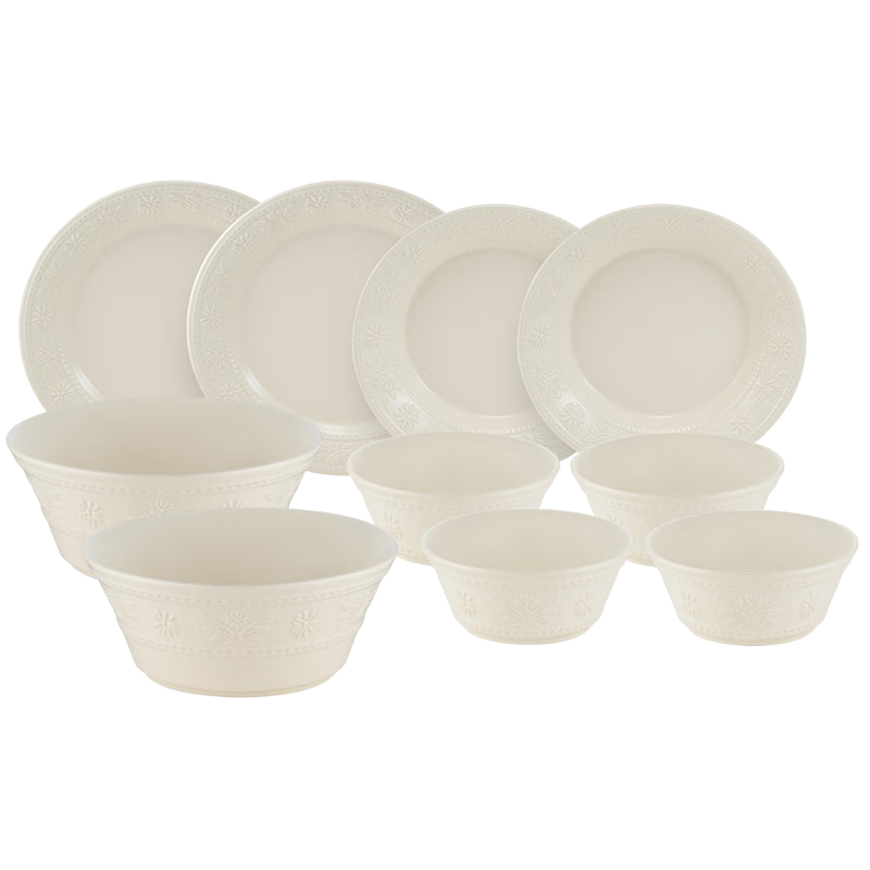 Staub ceramic household rice bowl, dish plate, multifunctional tableware, daisy oatmeal white tableware 10-piece set 1034390
