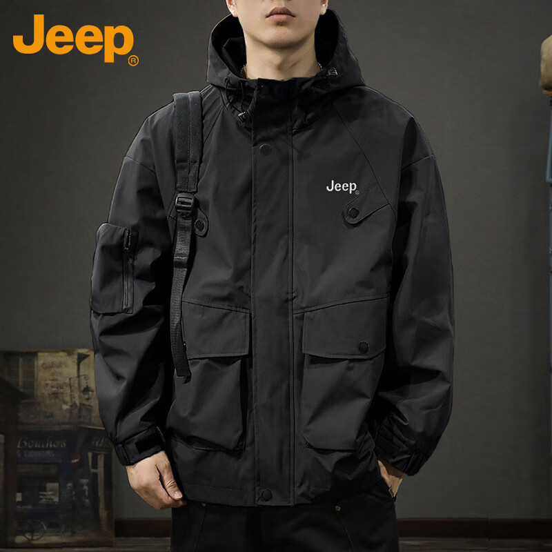 JEEP Jeep Jacket Men's Jacket Autumn and Winter Hooded Workwear Loose Charge Versatile Men's Clothing Black 2XL