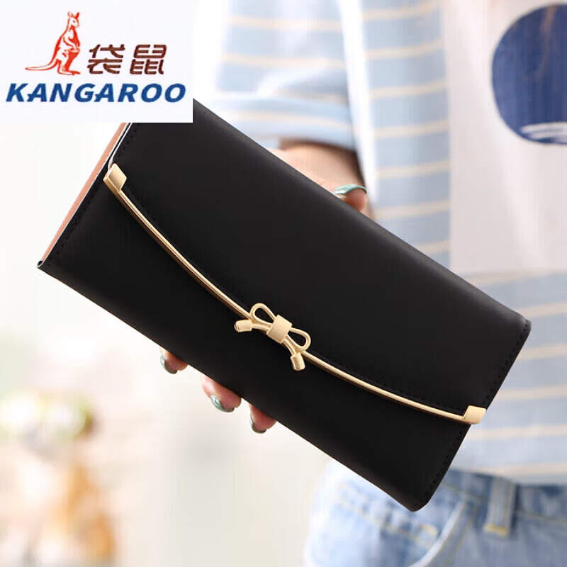 Kangaroo (KANGAROO) 2025 Korean version Japanese long wallet for women summer fortune hand holding simple and fashionable student foreign trade 30% off for mother style black bow hardware