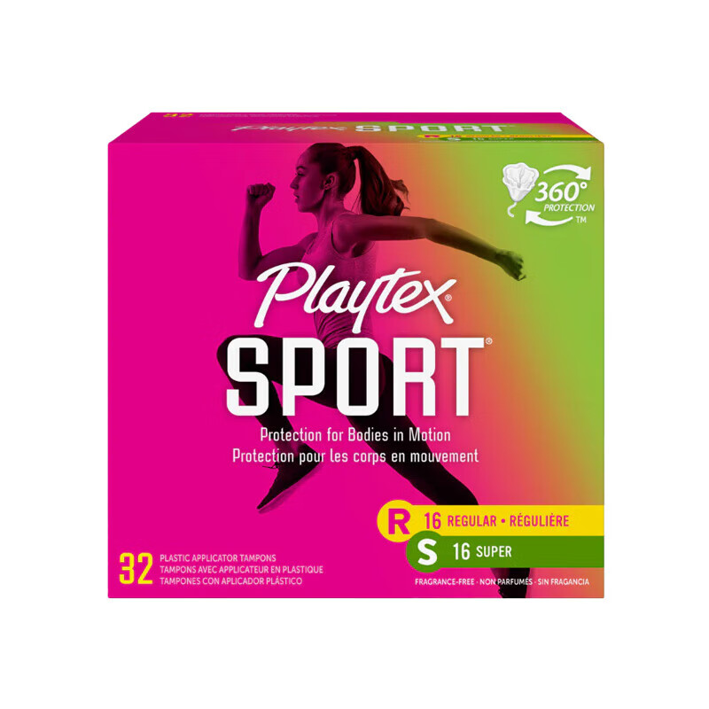 Playtex sports series long tube tampons with flow rate, no sensation during menstruation, no burden when traveling and entering the water, 32 pieces (regular 16 + high flow 16)