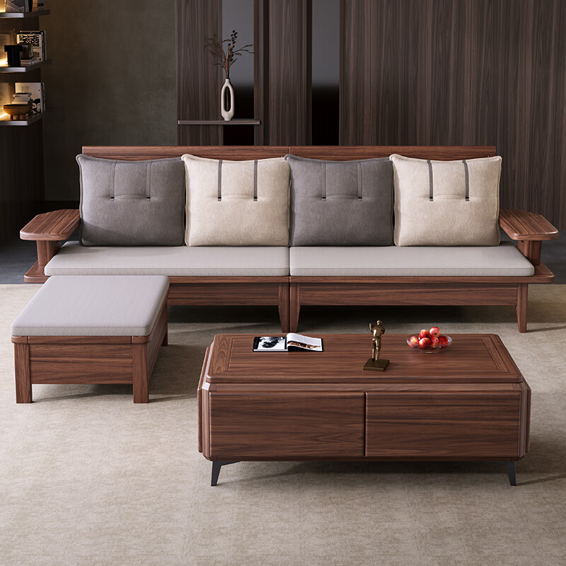 Yu Li Hanjin new Chinese style South American black walnut solid wood sofa combination winter and summer dual use living room small apartment simple coffee table four seats + long coffee table