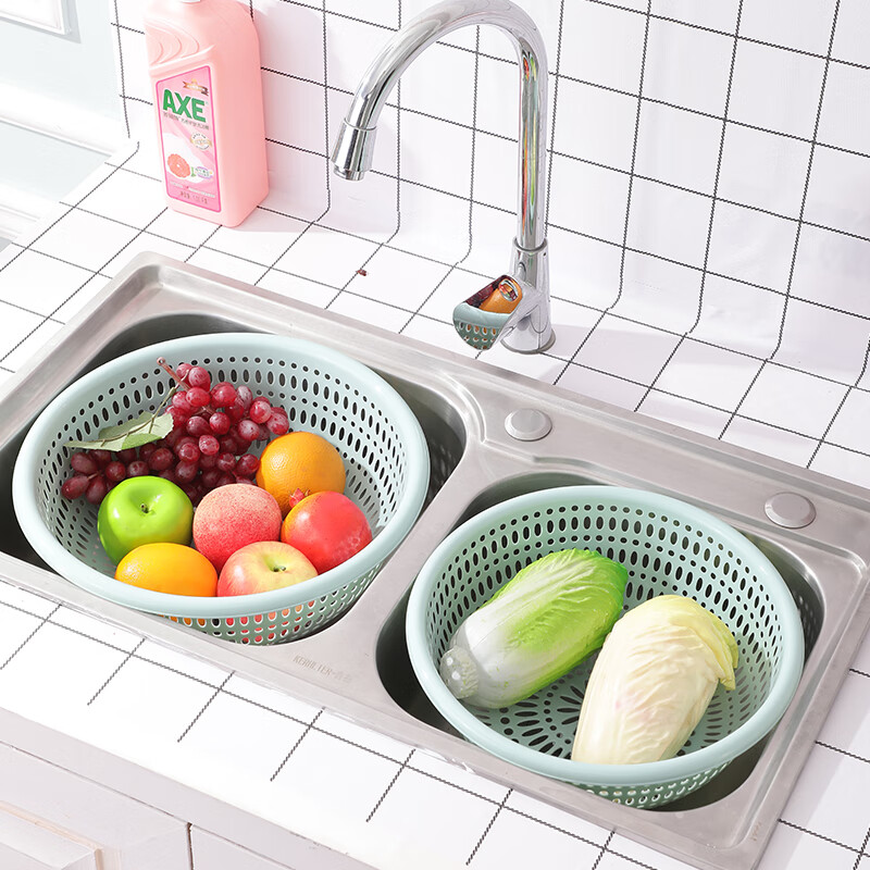 Fruit and vegetable plastic drain basket hollow kitchen durable new household vegetable basket vegetable basket fruit basket drain screen light blue small + medium + large + extra large four
