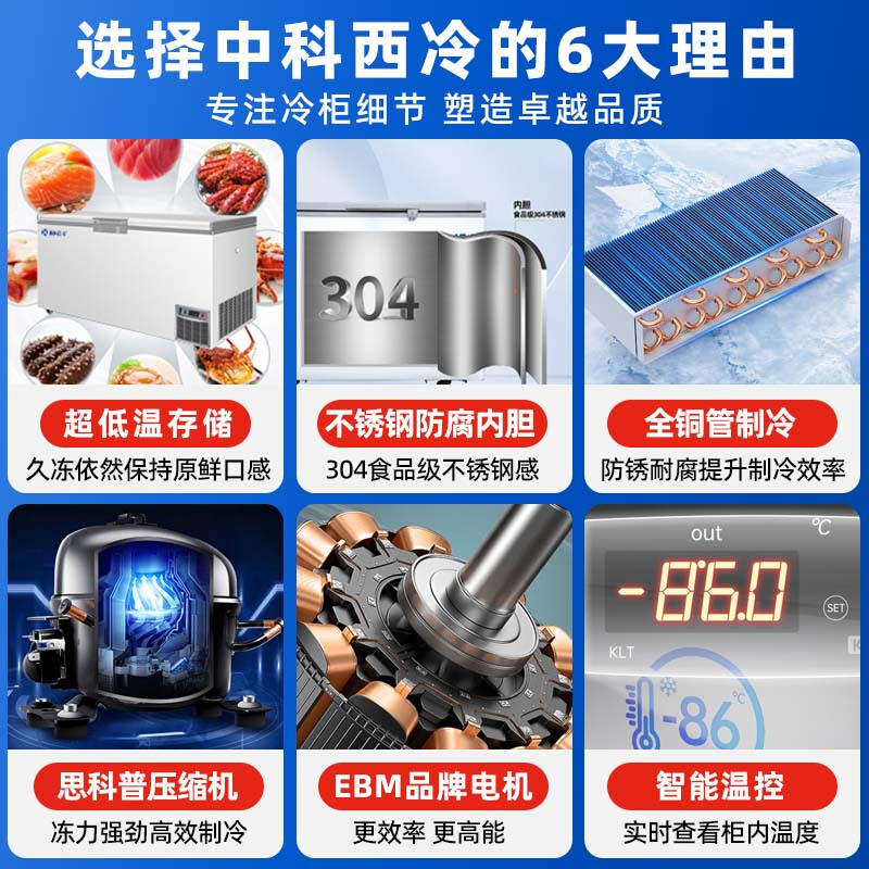 Zhongke West Cold Ultra-low Temperature Freezer -60 Degrees Frozen Tuna and Seafood Large Capacity Household Storage Horizontal Refrigerator - 40-80 Cell Level Cryogenic High-end Food Storage Box 228L (Three Options) -65 Degrees (-25 Degrees to -65 Degrees Adjustable)