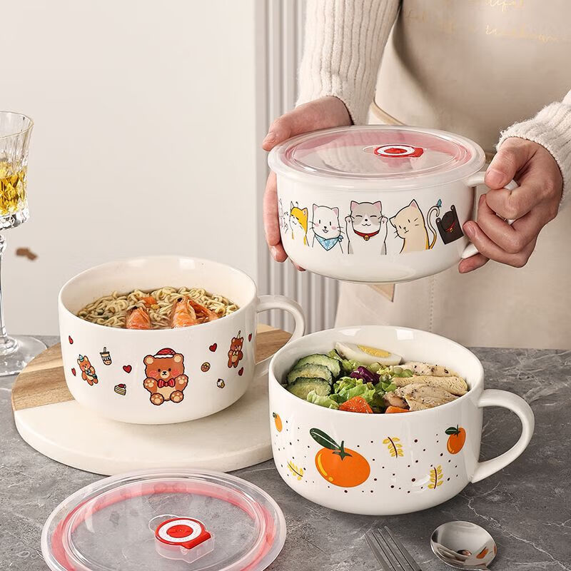 Ceramic instant noodle bowl with lid lunch box office worker lunch box microwave oven special sealed soup bowl fresh-keeping bowl with handle milky white cat 6 inches