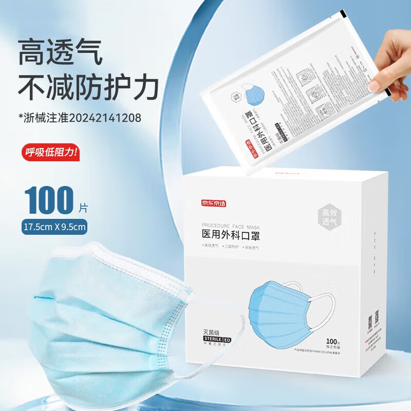 Beijing-made medical surgical masks disposable individually packaged sterilization grade 100 pieces blue 2 times breathable mask for adults
