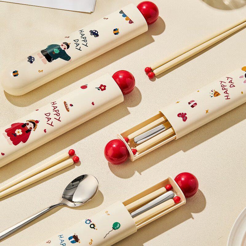 TREEJACK Cartoon 304 Stainless Steel Alloy Chopsticks and Spoon Set Children and Students Takeaway Portable Chopsticks and Spoons Boxed Tableware