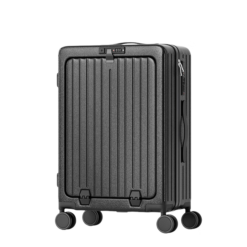 Kangaroo front opening suitcase, multifunctional thickened 24-inch large-capacity trolley case for men, 20 computers, boarding suitcase, elegant black, charging port * water cup holder * mobile phone holder, 20 inches, small and lightweight, portable on the plane