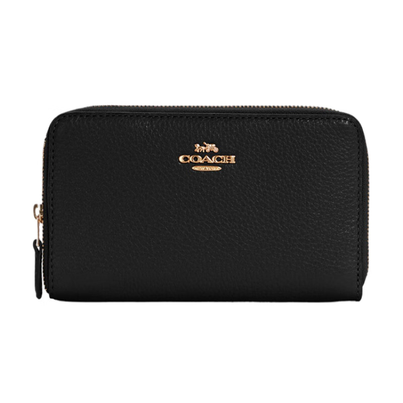 COACH Zip Around 16 Leather Surround Zipper Wallet Card Holder Medium Women's Pure Black Basic Pack (Bag + Dust Bag)