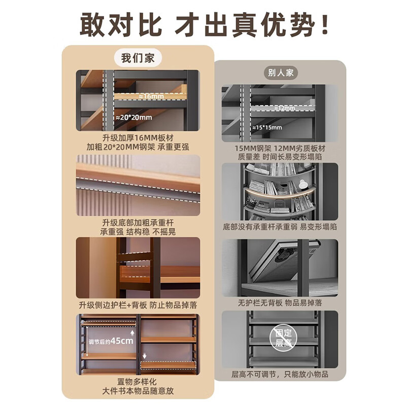 Naijia storage rack floor-standing bookshelf home integrated wall living room shelf display shelf student library simple bookcase bold 20 tubes yellow pear color five layers 80*159 adjustable floor height