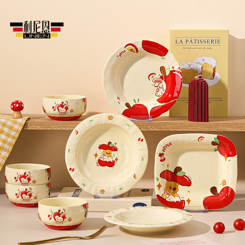 Apple Rabbit cute ins high-looking household bowl spoon underglaze color ceramic tableware rice bowl rice bowl plate 8.5 inch lace plate Apple Rabbit 1 piece
