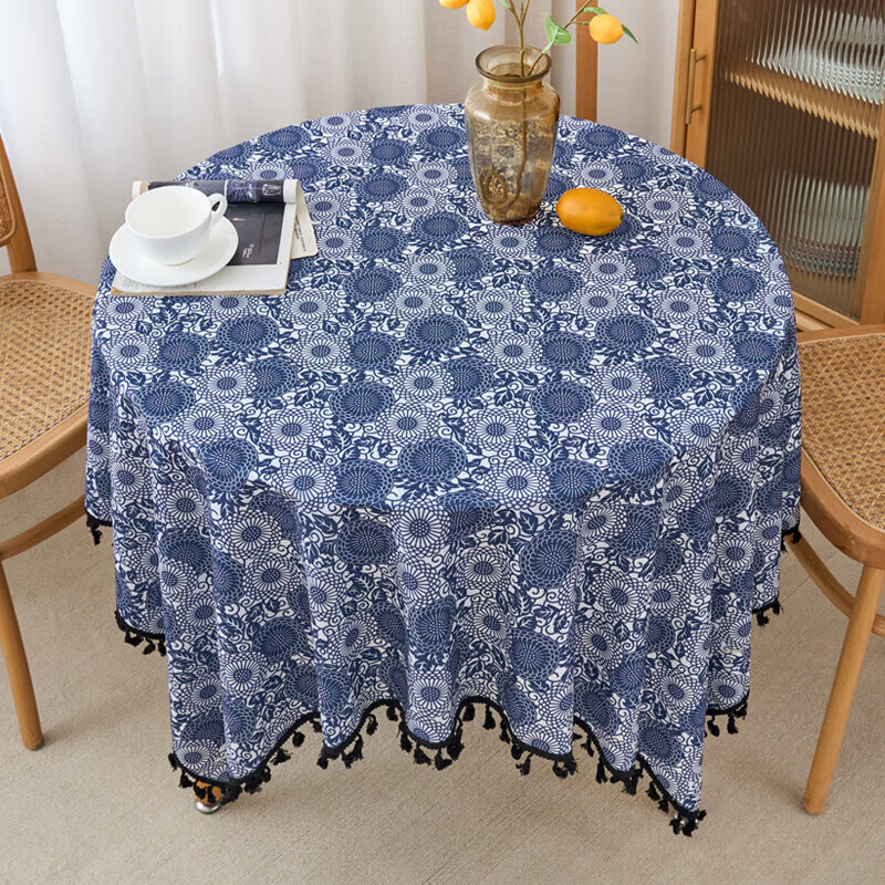 Retro light luxury style high-end tablecloth no-wash oil-proof and waterproof rectangular tablecloth coffee table tablecloth new style blue and white porcelain (black pendant style) 140*140cm (common to square tables and round tables)