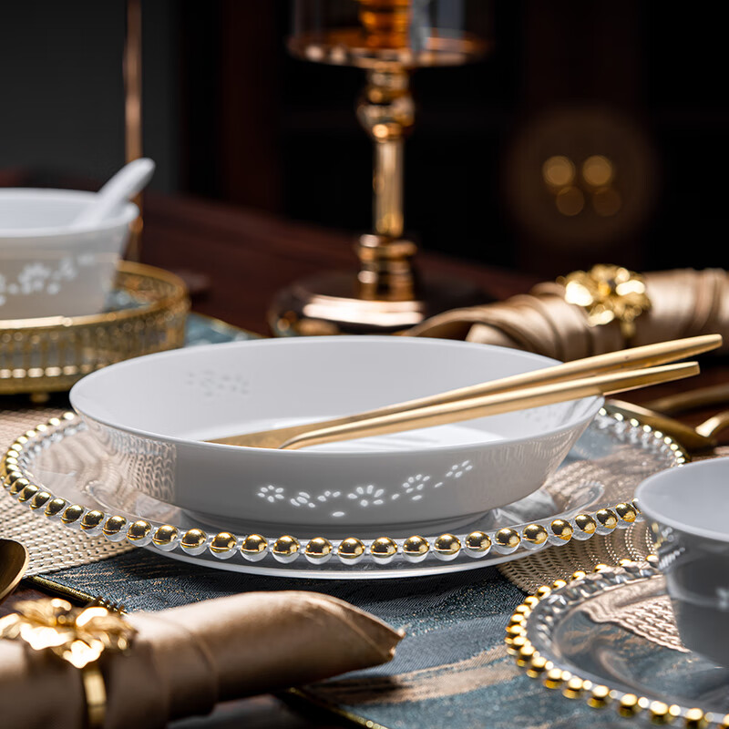 Fuyu ceramics Jingdezhen tableware pure white Chinese exquisite plate home moving gift Magnolia soup plate 6 pieces