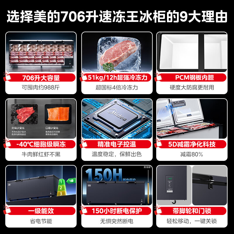 Midea Quick Freeze King 706L Single Temperature Household Commercial Freezer-40 Ultra Low Temperature Refrigerator Freezer Dual-Purpose Freezer First-Class Energy Efficiency Refrigerator BD/BC-719DKEM National Subsidy