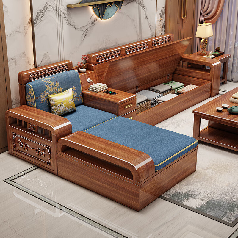 Yuemu Journey Walnut New Chinese Style Solid Wood Sofa Three-Seater Straight Row Small Apartment Winter and Summer Dual-use Storage Sofa Living Room Combination Four-Seater + Coffee Table