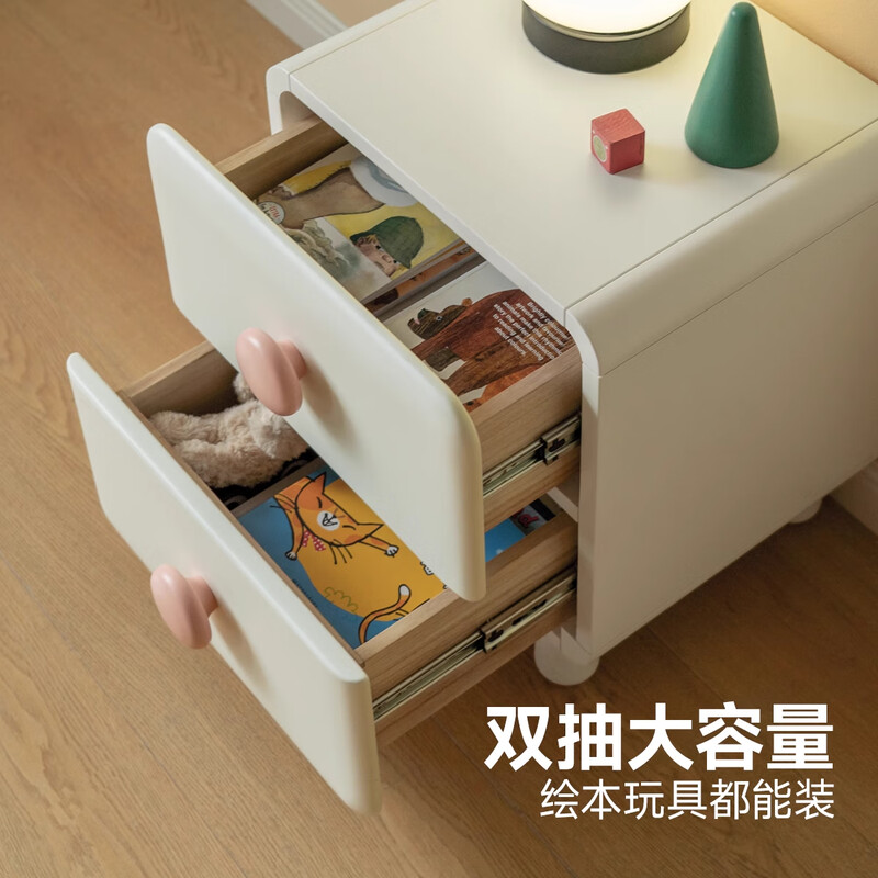 Genji Muyu solid wood children's bedside table white cream style 0.4m children's bedside table (pink handle)