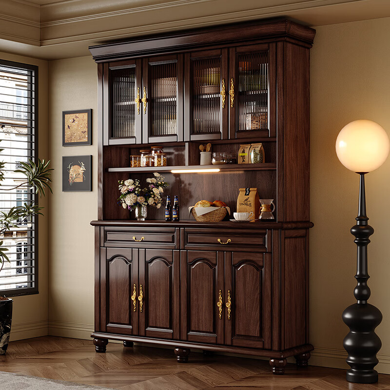 Heguan black walnut retro solid wood sideboard kitchen cabinet against the wall integrated living room storage cabinet tea cabinet wine cabinet black walnut four-door sideboard