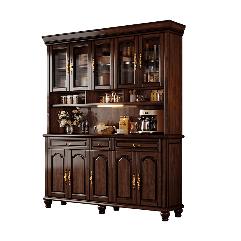 Heguan black walnut retro solid wood sideboard kitchen cabinet against the wall integrated living room storage cabinet tea cabinet wine cabinet black walnut four-door sideboard