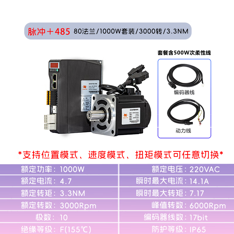 Yue Changsheng 1000W Set 80 Flange 3.3NM AC Servo Motor Drive Controller Set High Performance Programmable Orange SVD750-RS-Pulse+485 10M80SS3330A