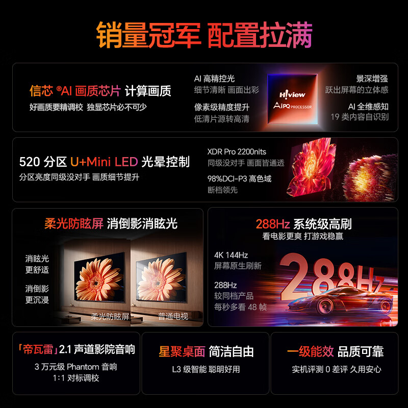 Hisense TV Xiaomo E5Q Pro 55 inches 520 partition U+MiniLED Xinxin chip anti-glare soft light anti-glare screen National subsidy World Cup 55E5Q-PRO 55 inches