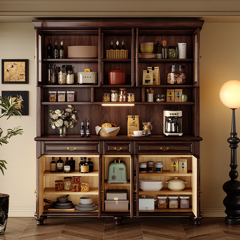 Heguan black walnut retro solid wood sideboard kitchen cabinet against the wall integrated living room storage cabinet tea cabinet wine cabinet black walnut four-door sideboard