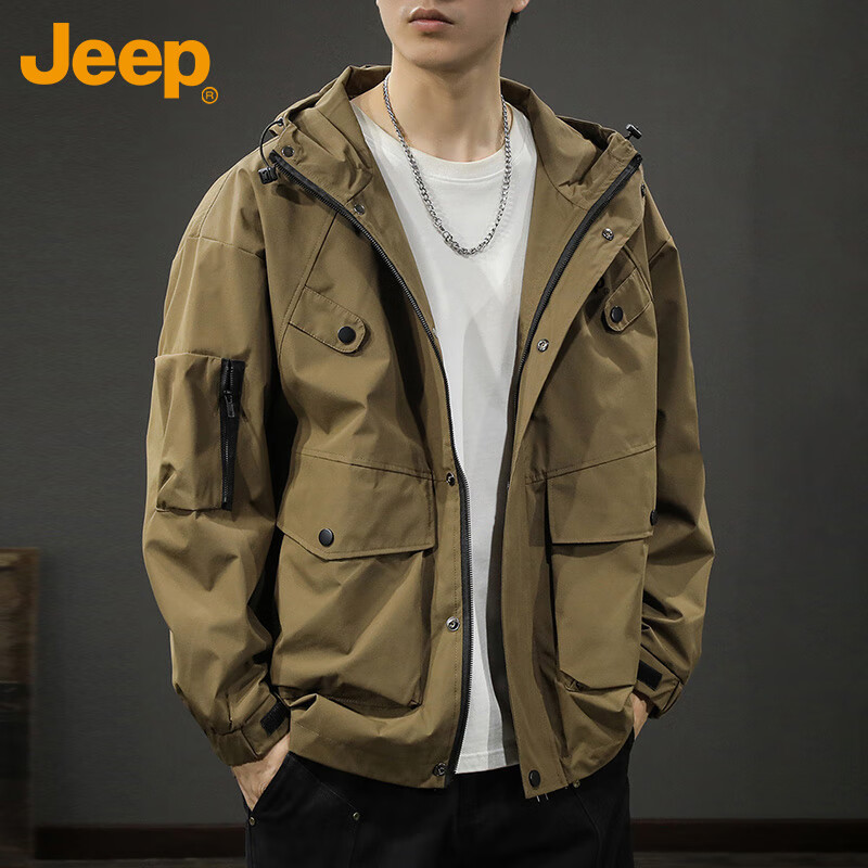 JEEP Jeep Jacket Men's Jacket Autumn and Winter Hooded Workwear Loose Charge Versatile Men's Clothing Black 2XL