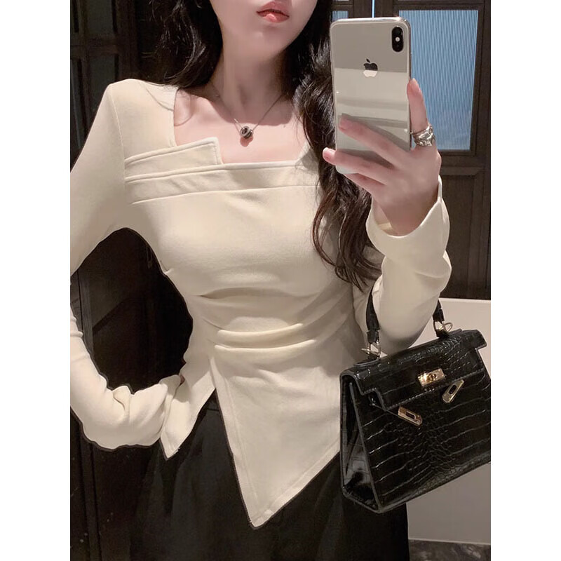 Hong Kong style high-end Royal Sister square collar long-sleeved T-shirt for women autumn slit design slim irregular pleated top XXC apricot German velvet high-quality fabric S 70-90 catties