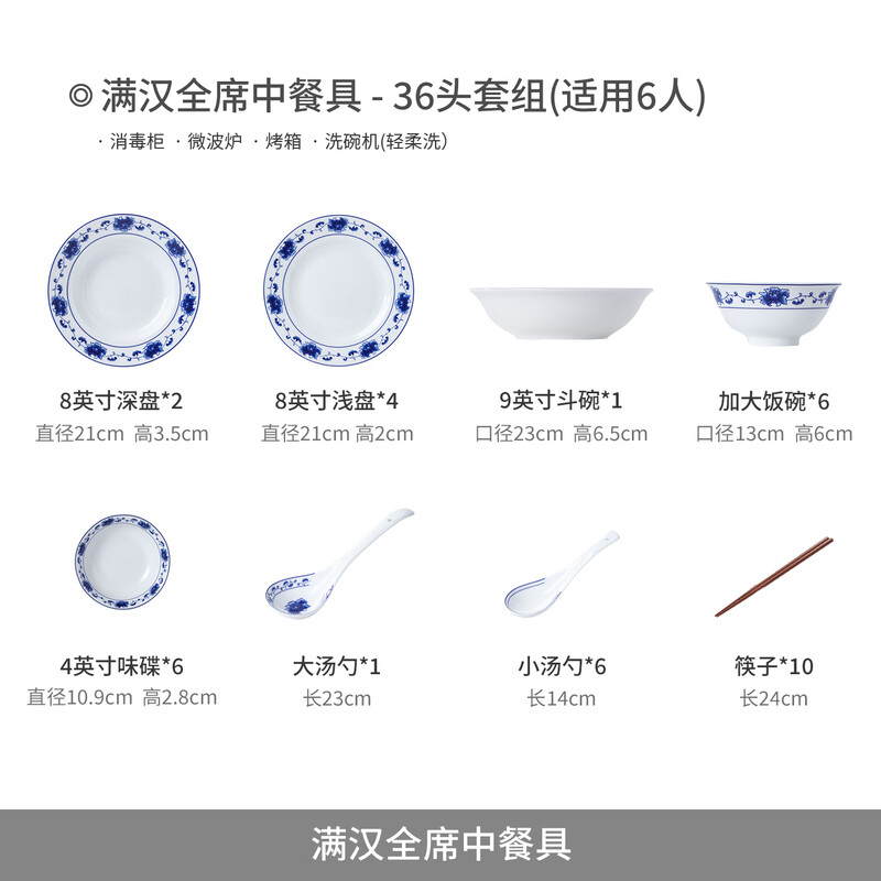 Jingdezhen official ceramic red leaf and blue and white bowls and plates tableware set household dishes rice bowl light luxury dinner plate housewarming gift 6 people luxury configuration Manchu-Han banquet tableware-36 pieces