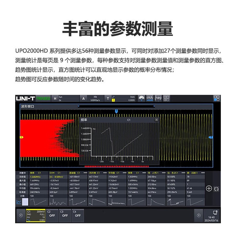 Uni-T oscilloscope flat-panel touch screen automotive/rail protocol analysis power analysis high resolution sampling rate 2.5G UPO2104HD four channels/100MHz