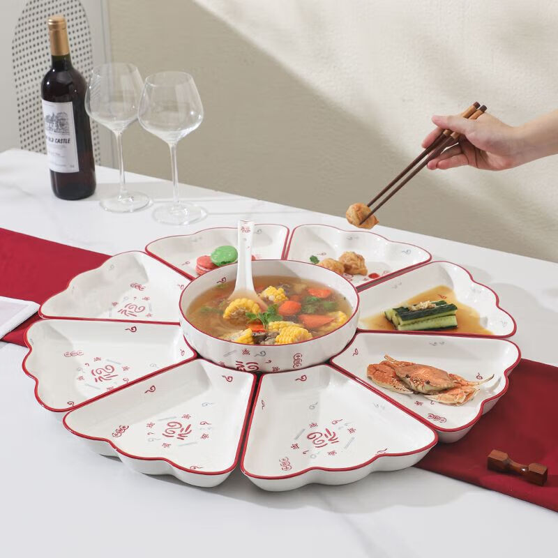 Ceramic Platter Reunion Dishes Dinner Set Tableware Internet Celebrity Home Combination Creative Plate Round Table Dish Plate Happy Year Platter Gift Box Set