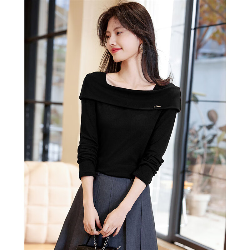 Shangjing bottoming shirt for women 25th autumn new women's French elegant lady one-shoulder temperament versatile simple top for women