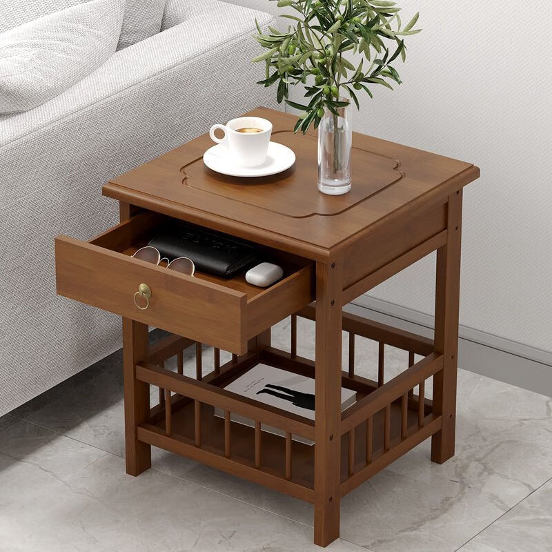 FANCYCHIC home sofa side cabinet small coffee table mahjong table corner corner small square table storage rack tea table tea table side tea cabinet two-story brown fence