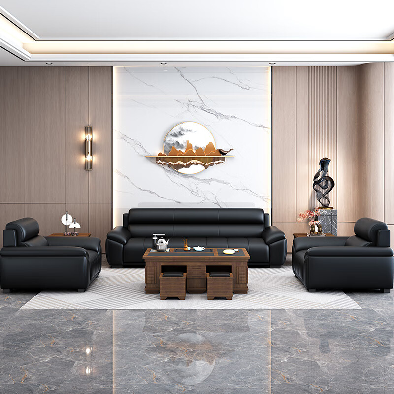 Earl Cullen office sofa coffee table simple modern three-seat leather sofa business reception big black cow reception and negotiation three-seat cat scratch leather