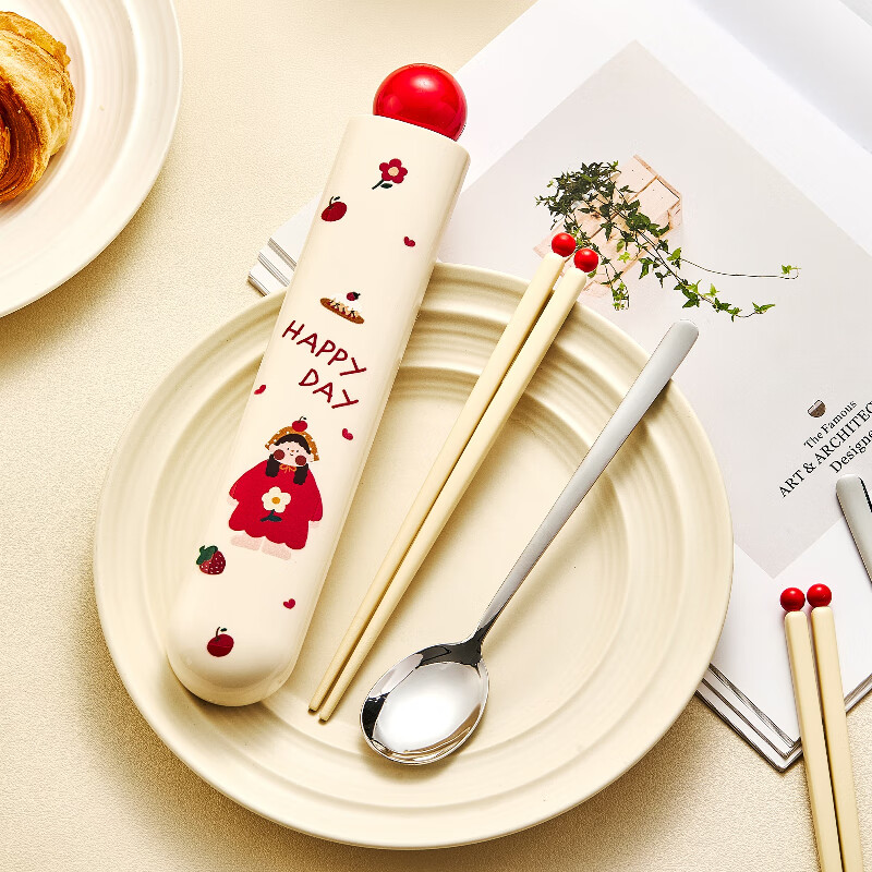 TREEJACK Cartoon 304 Stainless Steel Alloy Chopsticks and Spoon Set Children and Students Takeaway Portable Chopsticks and Spoons Boxed Tableware