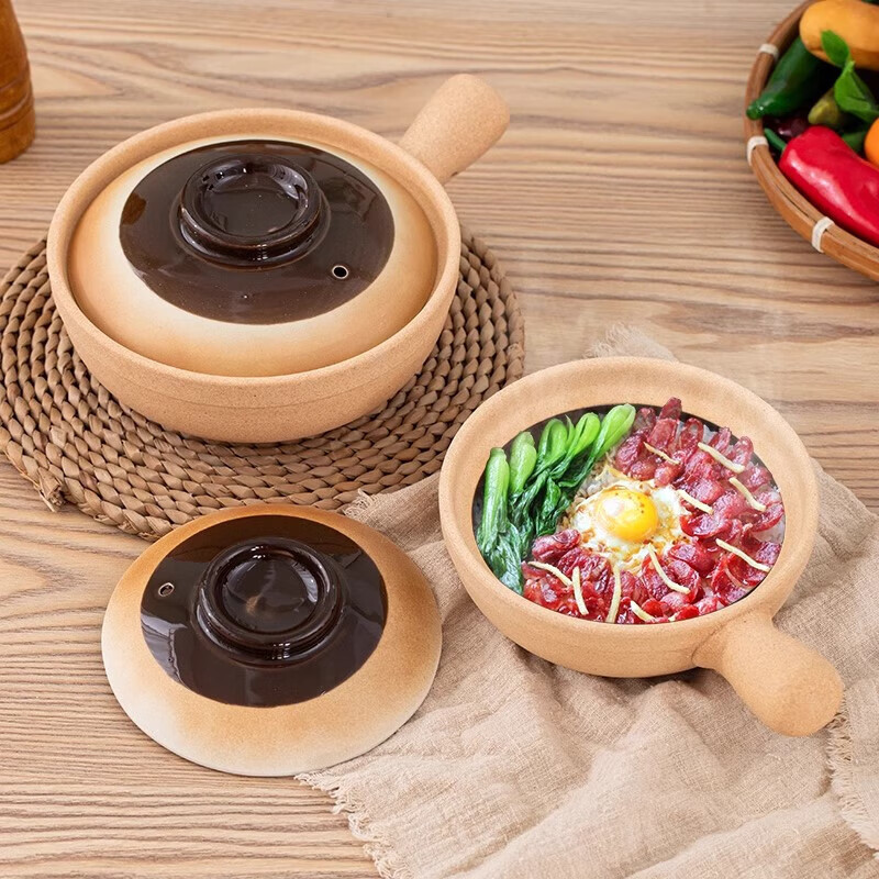 Cantonese-style claypot casserole, commercial high-temperature resistant, dry-cooked, non-cracking, traditional old-fashioned single-handled clay pot, special small casserole, dry-cooked, non-cracking, long-handled casserole - with lid 1000ml