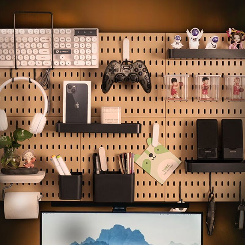 Vinoa universal color perforated board black accessories punch-free clip gaming room perforated board hook storage box basket black C hook if you want white please leave a message