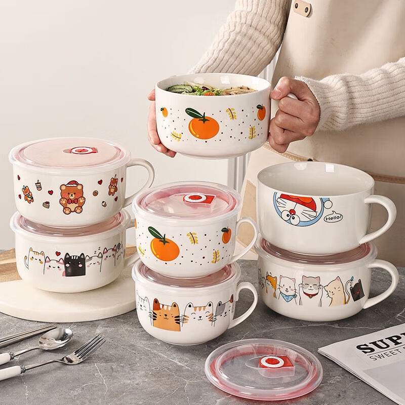Ceramic instant noodle bowl with lid lunch box office worker lunch box microwave oven special sealed soup bowl fresh-keeping bowl with handle milky white cat 6 inches