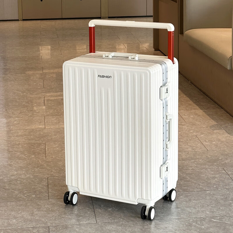 Charles heart-loving, good-looking, large-capacity, thickened aluminum frame travel suitcase, universal wheel trolley case, wide trolley, white thickened aluminum frame, wide trolley, cup holder, USB 20 inches