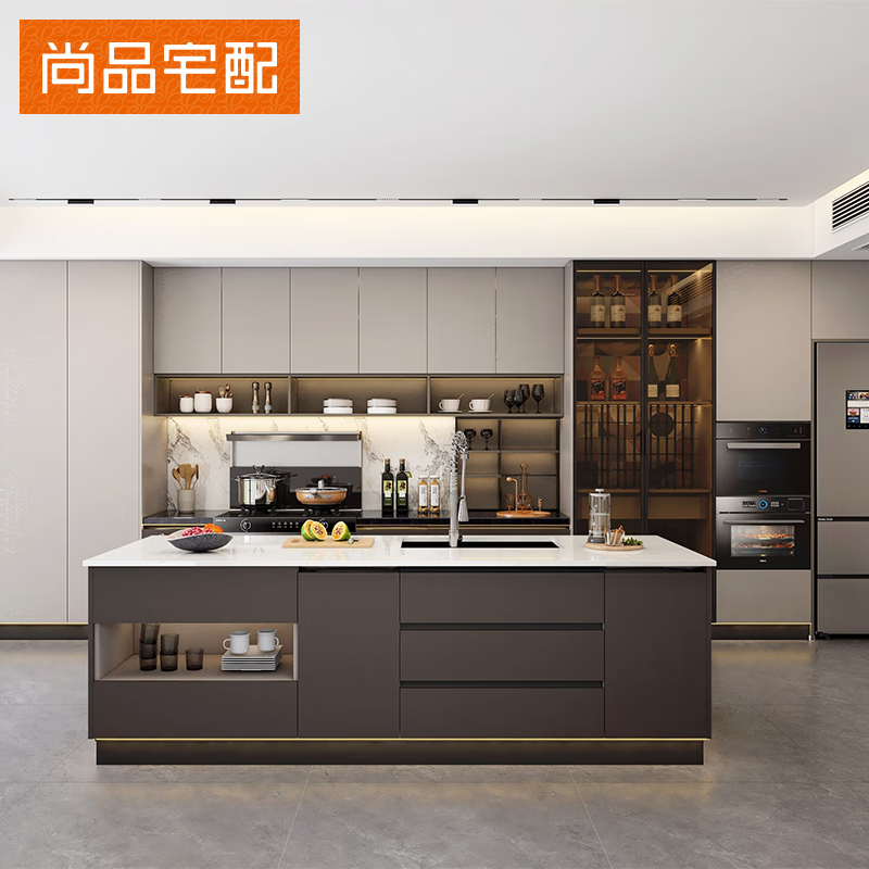 Oluoxun custom-made Shangpin home furnishing cabinets, customized integrated island kitchen cabinets, stove cabinets, integrated quartz stone countertops, customized gold (the specific price is subject to the actual plan)