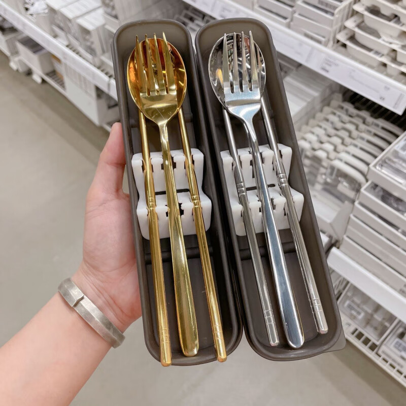 Ye Yu portable tableware three-piece set for office workers and students, take-away stainless steel chopsticks, forks and spoons set, gold silver, chopsticks + spoon + fork, free storage box
