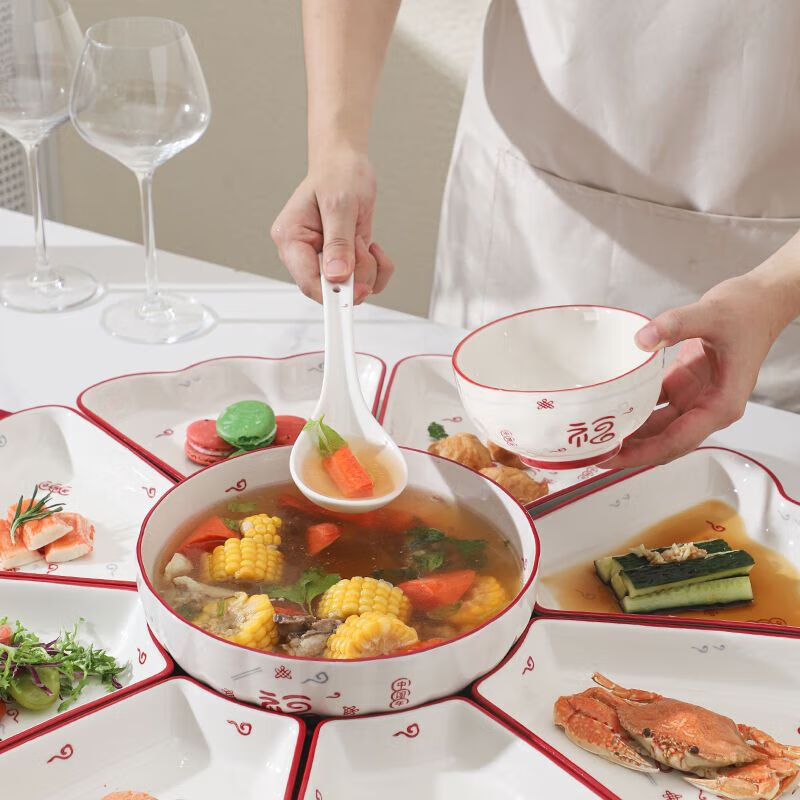 Ceramic Platter Reunion Dishes Dinner Set Tableware Internet Celebrity Home Combination Creative Plate Round Table Dish Plate Happy Year Platter Gift Box Set